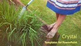  Presentation with plants - Colorful slide set enhanced with woman-barefoot-watering-plants backdrop and a tawny brown colored foreground