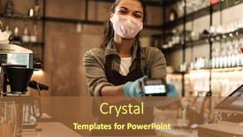  Presentation with cashless - Slide deck consisting of woman-barista-wearing-medical-face background and a tawny brown colored foreground