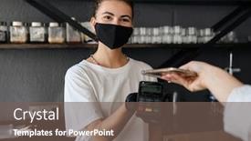  Presentation with cashless - Beautiful PPT theme featuring woman-barista-wearing-medical-face backdrop and a violet colored foreground