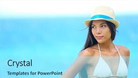  Presentation with subtle - Amazing presentation theme having woman beach portrait looking to side with wearing hat and beachwear bikini beautiful young modern multiracial female model looking serious with subtle smile half asian and caucasian model outdoors backdrop and a arctic colored foreground