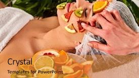  Presentation with medical spa - PPT theme with woman beautician apply mango pulp background and a gold colored foreground