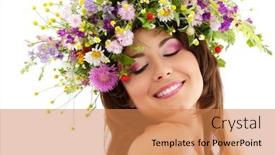  Presentation with beauty makeup - Theme featuring woman beauty face makeup with summer field wild flowers fresh natural isolated on white background background and a coral colored foreground