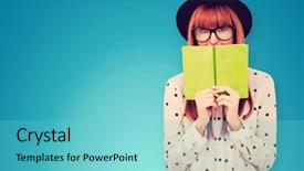  Presentation with blue green - PPT layouts having woman behind a green book background and a seafoam green colored foreground