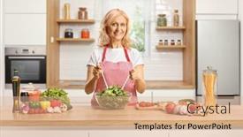  Presentation with man watching woman preparing vegetables - PPT theme featuring woman-behind-a-kitchen-counter background and a  colored foreground