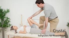  Presentation with chiropractor - Presentation design with woman being examining her leg by a chiropractor in a medical room background and a soft green colored foreground