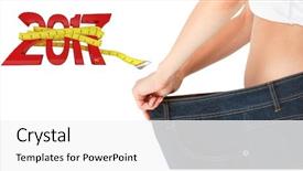  Presentation with tape measure - Colorful theme enhanced with woman belly in too big pants against new year with tape measure backdrop and a white colored foreground