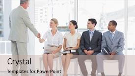  Presentation with shaking hands - PPT layouts having woman besides people waiting background and a mint green colored foreground