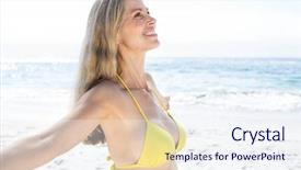  Presentation with five business people standing together and smiling - Slide deck having woman bikini - smiling pretty blonde standing background and a  colored foreground