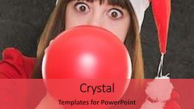  Presentation with balloon - PPT theme having woman blowing balloon and wearing a christmas hat against a grunge background background and a red colored foreground
