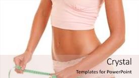  Presentation with weight loss - Presentation enhanced with woman body with measure tape close up of sporty and beautiful female body tanned woman measuring waist and hips with measuring tape healthy lifestyle dieting fitness weight loss concept background and a coral colored foreground