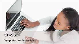  Presentation with online saftey - Beautiful presentation theme featuring woman booking a flight online backdrop and a  colored foreground