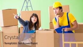  Presentation with contractor - Slides enhanced with woman boss and man contractor working with boxes delivery background and a coral colored foreground