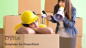  Presentation with contractor - Audience pleasing PPT layouts consisting of woman-boss-and-man-contractor backdrop and a coral colored foreground