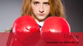  Presentation with boxer - Presentation theme featuring woman-boxer-in-dark-room background and a crimson colored foreground