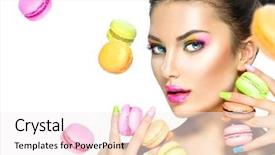  Presentation with girl model - Slides with woman bright make-up purple background and a sky blue colored foreground