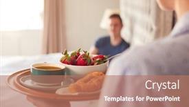  Presentation with wedding anniversary - Amazing PPT theme having woman-bringing-man-breakfast backdrop and a coral colored foreground