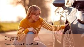  Presentation with tyre - Slide set having woman-broken-down-on-country background and a coral colored foreground