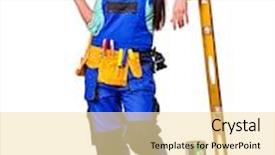  Presentation with construction tools - Slide deck featuring woman builder holding level and construction tools isolated background and a blonde colored foreground