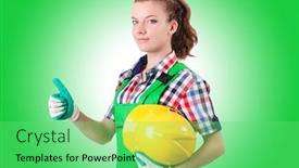  Presentation with builder - Presentation design consisting of woman builder isolated on the white background and a seafoam green colored foreground