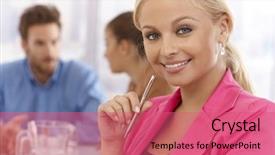  Presentation with close up of young girls - Presentation with woman business pink - close-up portrait of happy young background and a  colored foreground