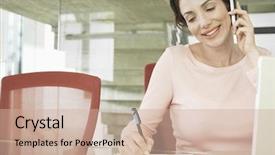  Presentation with mobile network lte networks 5g - PPT theme with woman business pink - happy young businesswoman using mobile background and a  colored foreground