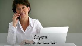  Presentation with office desk reception - Beautiful presentation design featuring woman business pink - middle-aged office worker at her backdrop and a  colored foreground