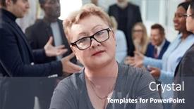  Presentation with trainer - Presentation consisting of woman-business-trainer-and-workers background and a gray colored foreground