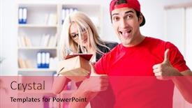  Presentation with courier - Slide set having woman businesswoman receiving mail parcel from courier background and a red colored foreground