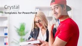  Presentation with courier - Slide deck featuring woman businesswoman receiving mail parcel from courier background and a white colored foreground