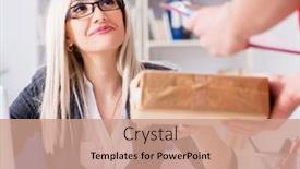  Presentation with courier - Presentation with woman businesswoman receiving mail parcel from courier background and a coral colored foreground