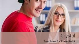  Presentation with courier - Colorful presentation theme enhanced with woman businesswoman receiving mail parcel from courier backdrop and a coral colored foreground