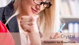  Presentation with courier - Audience pleasing presentation design consisting of woman-businesswoman-receiving-mail-parcel backdrop and a coral colored foreground