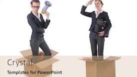  Presentation with box - Audience pleasing PPT layouts consisting of woman-businesswoman-with-loudspeaker-inthe backdrop and a coral colored foreground