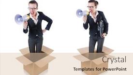  Presentation with box - Slides consisting of woman-businesswoman-with-loudspeaker-inthe background and a lemonade colored foreground