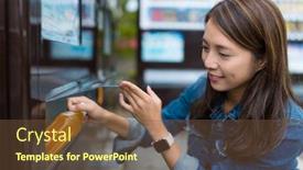  Presentation with vending machine - PPT theme featuring woman-buy-drink-in-vending background and a tawny brown colored foreground