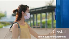  Presentation with vending machine - Amazing PPT theme having woman-buy-drink-on-vending backdrop and a coral colored foreground