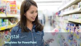  Presentation with grocery store - PPT theme having woman-buy-person-care background and a ocean colored foreground
