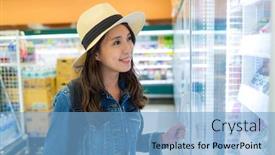  Presentation with convenient store - Colorful presentation enhanced with woman-buy-something-in-convenient backdrop and a light blue colored foreground