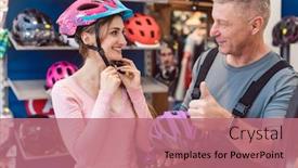  Presentation with salesman - PPT theme enhanced with bicycle helmet in the shop background and a coral colored foreground