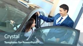  Presentation with car buying - Audience pleasing theme consisting of woman buying a new car backdrop and a ocean colored foreground