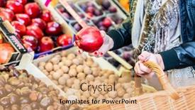  Presentation with market - PPT theme featuring woman-buying-fruit-on-market background and a coral colored foreground