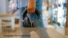  Presentation with music headphones - Slide deck having woman-buying-headphones-in-audio background and a coral colored foreground