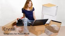  Presentation with online shopping store - Beautiful PPT theme featuring woman buying in online stores backdrop and a coral colored foreground