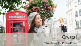  Presentation with britain - Colorful PPT layouts enhanced with woman by red phone booth backdrop and a light gray colored foreground