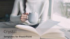  Presentation with story book - Theme with woman-by-the-window-holding background and a mint green colored foreground