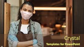  Presentation with face mask - PPT layouts enhanced with woman-cafe-owner-with-face background and a tawny brown colored foreground