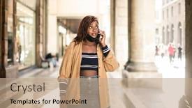  Presentation with city - Audience pleasing theme consisting of woman-calls-with-smartphone backdrop and a coral colored foreground