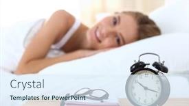  Presentation with sleep - Beautiful slide deck featuring woman can not sleep clock on the desk backdrop and a sky blue colored foreground