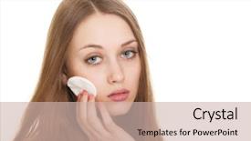  Presentation with caring - Colorful PPT theme enhanced with woman caring about her fresh healthy skin of face with cotton swab disk - white background backdrop and a soft green colored foreground