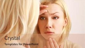  Presentation with caring - Beautiful presentation featuring woman caring of her beautiful skin on the face standing near mirror backdrop and a coral colored foreground